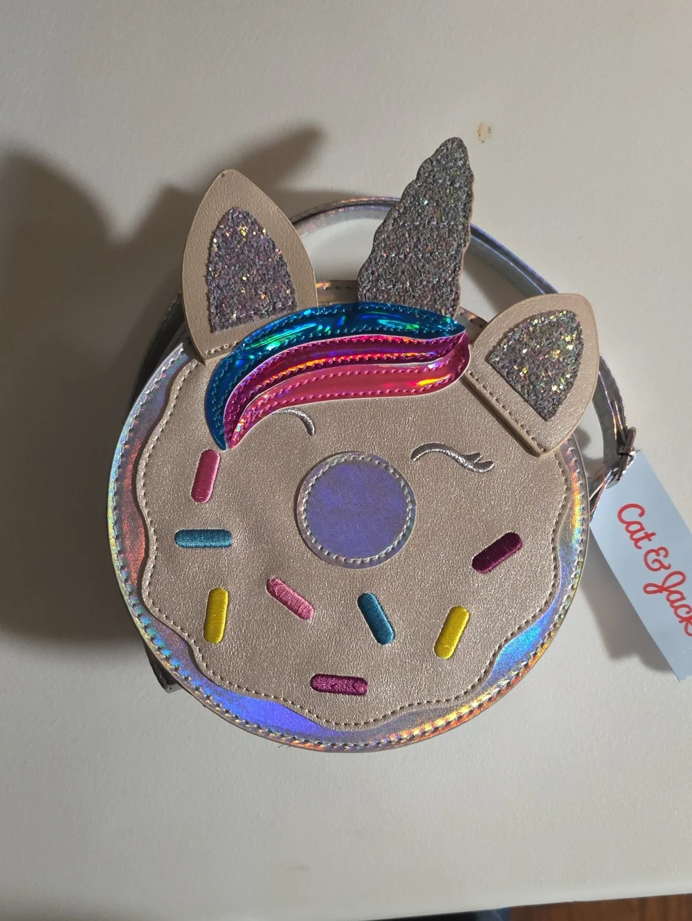 Cat & Jack Beige Unicorn Donut Crossbody Bag with Rainbow Mane